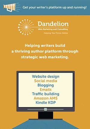 thumbnail of flyer - a computer screen with a list of writer's online services: website design, blogging, Amazon AMS, etc